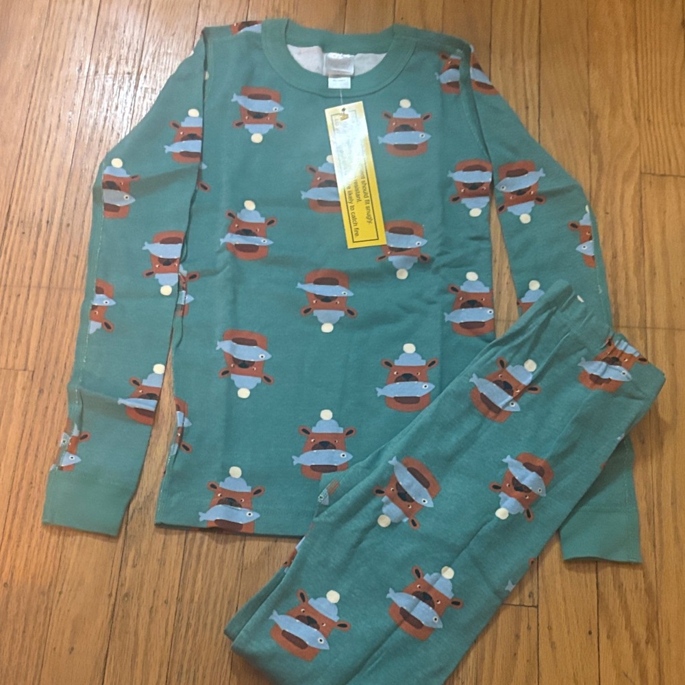 *Organic Hanna Kids Teal BearPrint Pajama Set - Soft Cotton Long Sleeve & Pants